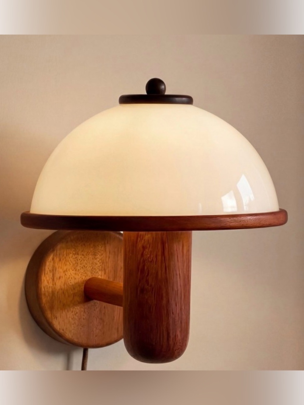 Wood & cream Dome mushroom plug in wall Sconces- set of 2